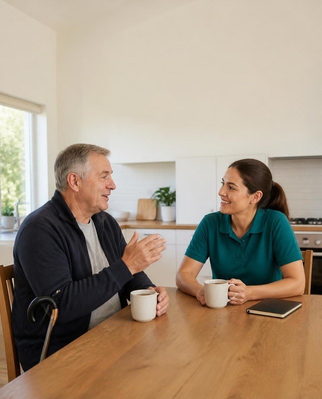 An older man with a walking stick chatting over coffee at a kitchen table with a support worker, both smiling