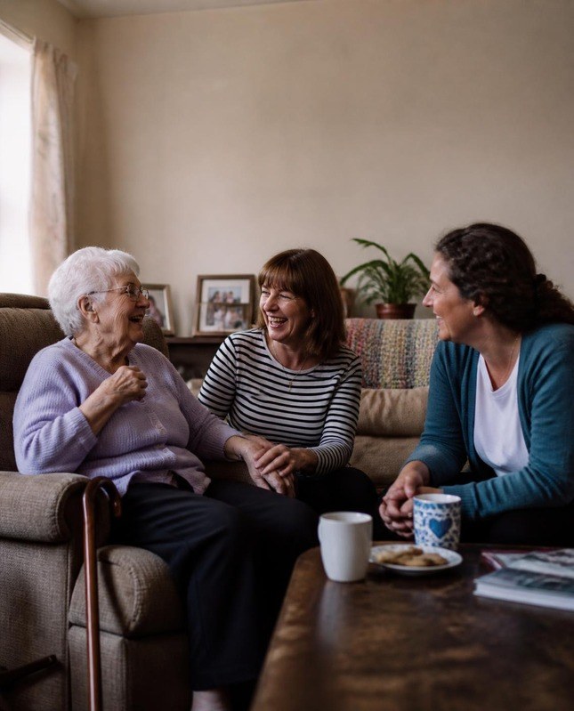 An older woman laughing with two women over tea and biscuits in a cosy living room